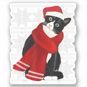 Sticker Vilain Noël Chat Noir Santa Hat Scarf Fête C
