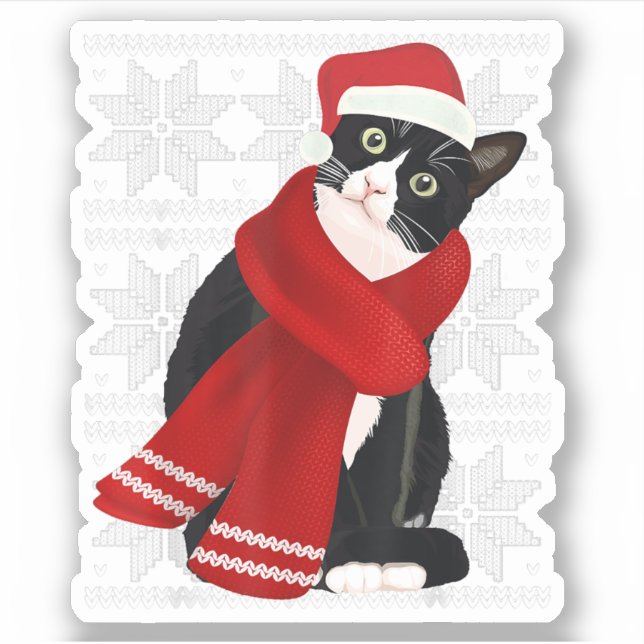 Sticker Vilain Noël Chat Noir Santa Hat Scarf Fête C (Devant)