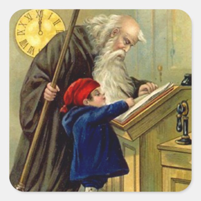 Sticker Vintage Antique Nouvel An Père Heure Bébé (Devant)