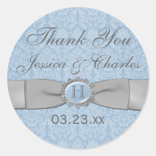 Sticker vintage bleu, gris Mariage damassé Favour