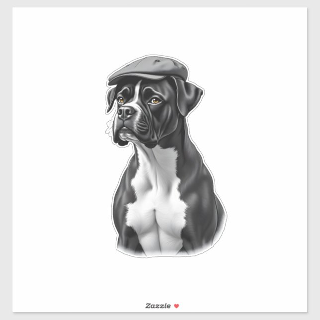 Sticker Vintage Boxer Dog in Cap Monochrome Graphic Illust (Feuille)
