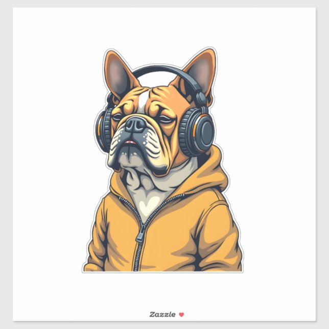 Sticker Vintage Bulldog in Headphones Wearing Hoodie Music (Feuille)