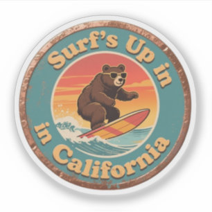 Sticker Vintage California Surf's Up Ours en train de surf