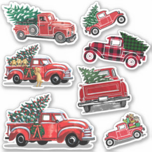 Sticker Vintage Camion Rouge Noël Arbre cadeaux Chien vaca