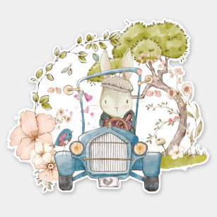 Sticker Vintage Car Cute Bunny Botanique Baby boy
