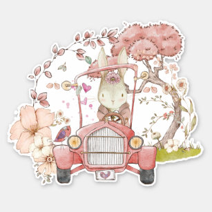 Sticker Vintage Car Cute Bunny Botanique Petite fille