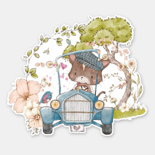 Sticker Vintage Car Cute Cat Conduire Botanique Baby boy