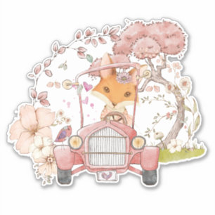 Sticker Vintage Car Cute Fox Botanical Baby girl
