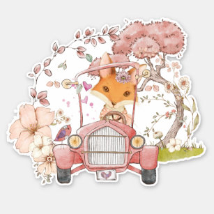 Sticker Vintage Car Cute Fox Botanical Baby girl