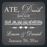 Sticker vintage Chalkboard Style Wedding Favor<br><div class="desc">Ce carré en forme vintage tendance typographie style tableau noir et blanc faveur mariage Merci sticker a une variété de polices avec des rouleaux et des coeurs sur elle. Il a une nouvelle façon amusante d'aborder la tendance manger, boire et être marié, avec un petit jeu sur les mots qui...</div>