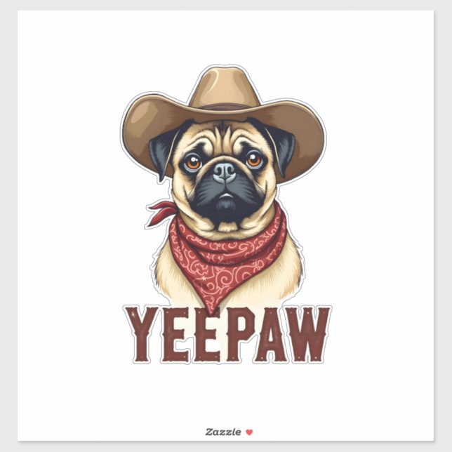 Sticker Vintage Cowboy Pug YeePaw Western Dog Illustration (Feuille)