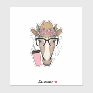 Sticker Vintage Cowgirl Cheval Avec Fleurs et Boisson Rose