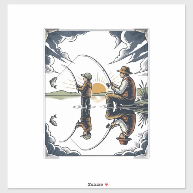 Sticker Vintage Father and Child Fishing Engraving Shirt D (Feuille)