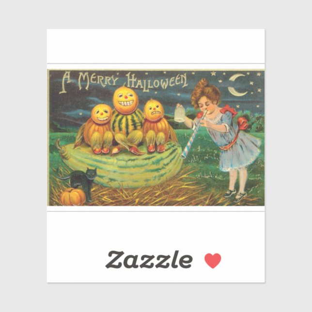 Sticker Vintage fille d'Halloween avec Citrouilles (Feuille)