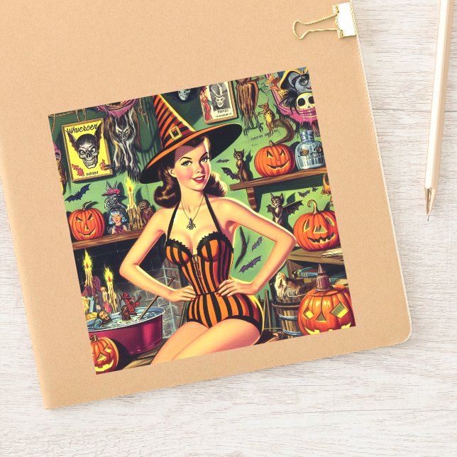 Sticker Vintage Halloween mignonne sorcière Pinup (Carnet)