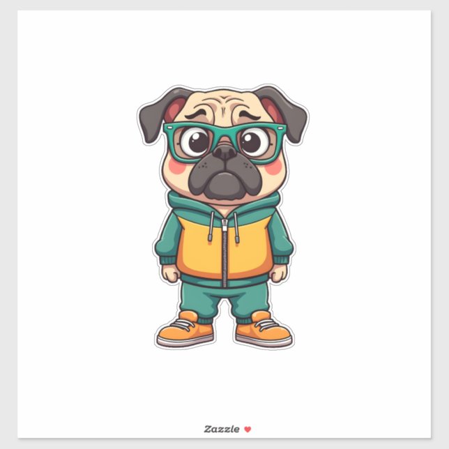 Sticker Vintage Hipster Pug Dog Cartoon Streetwear Graphic (Feuille)