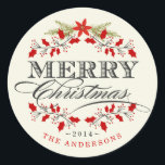 Sticker vintage Holly Wreath Christmas Wreath<br><div class="desc">Stickers et étiquettes pour Cartes de Noël - Belles poinsettia rouge, conception de couronne sainte sur parchemin beige ivoire arrière - plan et noir rétro style letterpress typographie décorative et texte courbé. Style vintage élégant Joyeux autocollants de Noël pour cartes de voeux, invitations de fête saisonnières ou étiquettes cadeaux. Ajoutez...</div>