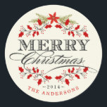 Sticker vintage Holly Wreath Christmas Wreath<br><div class="desc">Stickers et étiquettes pour Cartes de Noël - Belles poinsettia rouge, conception de couronne sainte sur parchemin beige ivoire arrière - plan et noir rétro style letterpress typographie décorative et texte courbé. Style vintage élégant Joyeux autocollants de Noël pour cartes de voeux, invitations de fête saisonnières ou étiquettes cadeaux. Ajoutez...</div>
