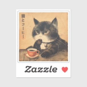 Sticker Vintage Japon art chat mignon avec une tasse de ca