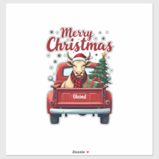 Sticker Vintage Merry Christmas Highland Cow Red Truck Hol