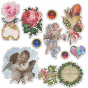Sticker Vintage Noël Ornements, Anges, Roses, Fleurs