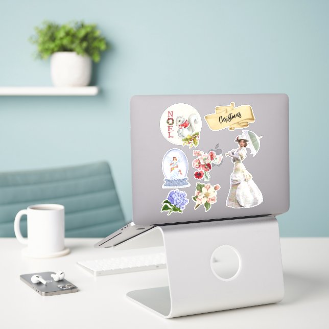 Sticker Vintage Noël Victorien Lady Flowers Snowglobe (Ordinateur portable sur le bureau)