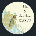 Sticker vintage Peacock Lagoon Damask<br><div class="desc">Vintage Peacock Lagoon Endive Damask Weddings Black and Gold Mariage damassé set More Birds & Swirls Coral Swan Mariage damassé Numéros de tableau Inséparable Swan Damask Beautiful Coral Lavender Birch Tree Mariages Chêne Tree Wedding Invitations -Brown Tree Wedding Invitations and Monogram Response Card Tree Wedding Invitations for Activists Nature Lover...</div>