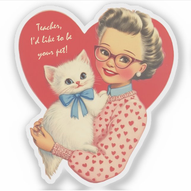 Sticker Vintage Retro Valentine Teacher's Pet Cat (Devant)