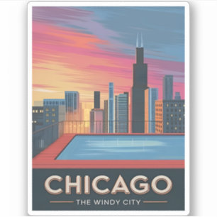 Sticker Vintage voyage Chicago Sunset Skyline Cityscape