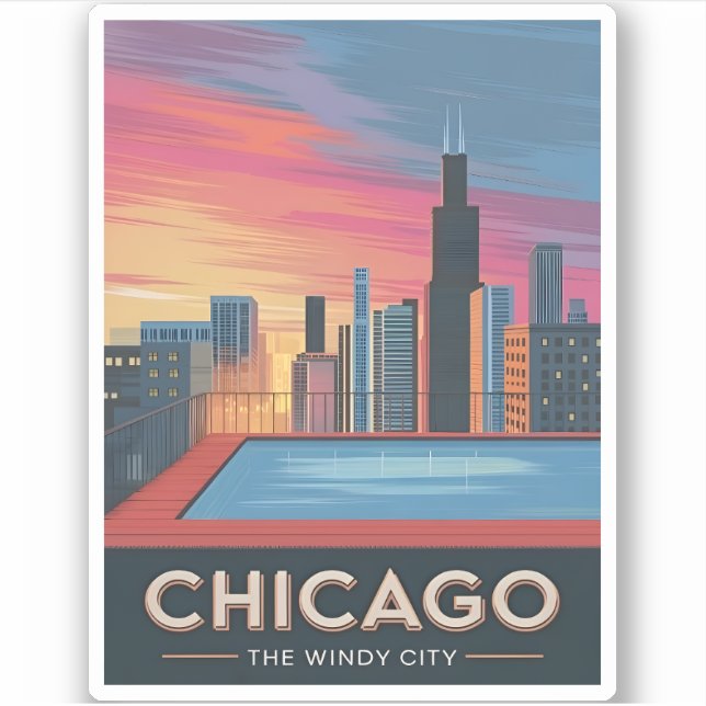 Sticker Vintage voyage Chicago Sunset Skyline Cityscape (Devant)