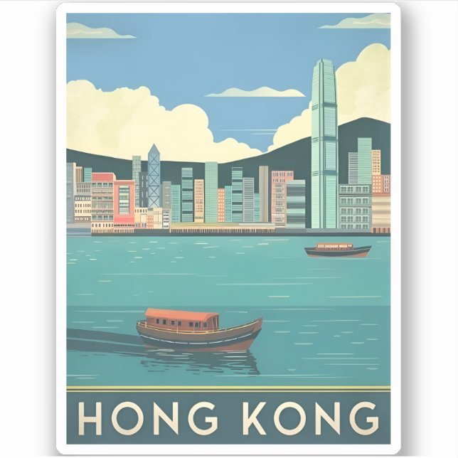 Sticker Vintage voyage Hong Kong Chine Rétro Cityscape (Devant)