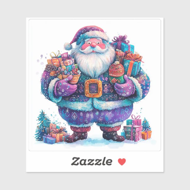 Sticker Violet Père Noël Avec Cadeaux De Noël (Feuille)