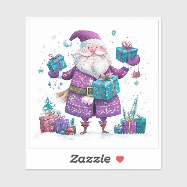 Sticker Violet Père Noël Diffuser La Joie Avec Les Cadeaux (Feuille)