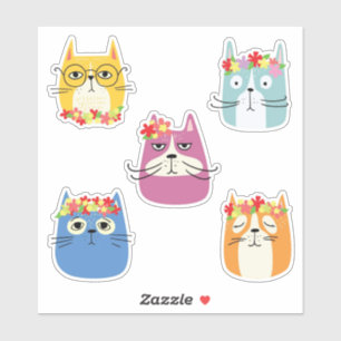 Sticker Visages de chat drôles avec des fleurs mignonnes
