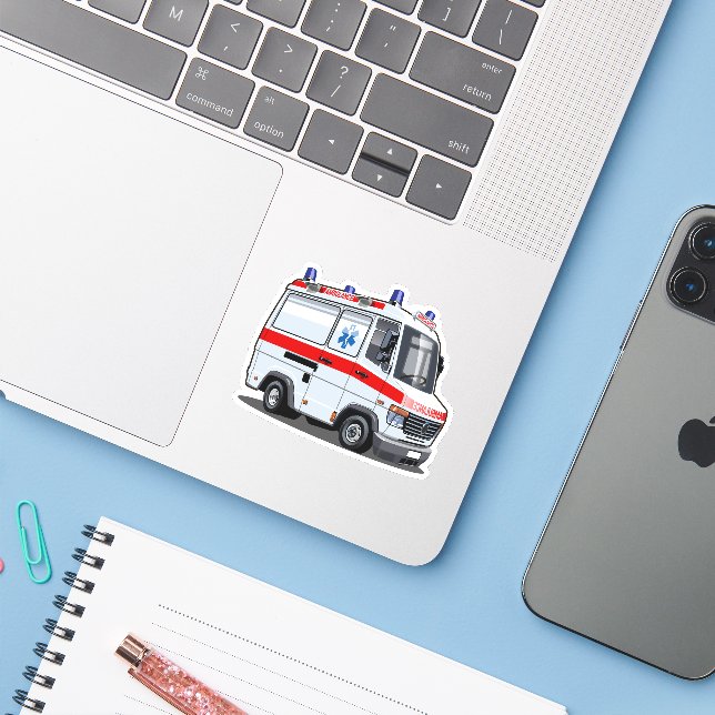 Sticker Voiture Ambulance Carton (Ordinateur portable avec iPhone)