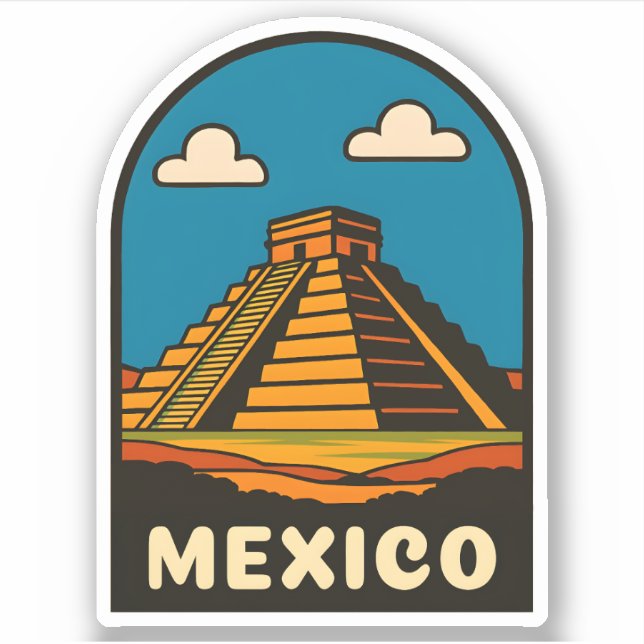 Sticker Voyage Vintage Mexique Pyramide Aztèque Scène Rétr (Devant)