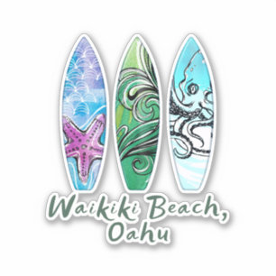 Sticker Waikiki Beach Oahu Watercolor Surboards