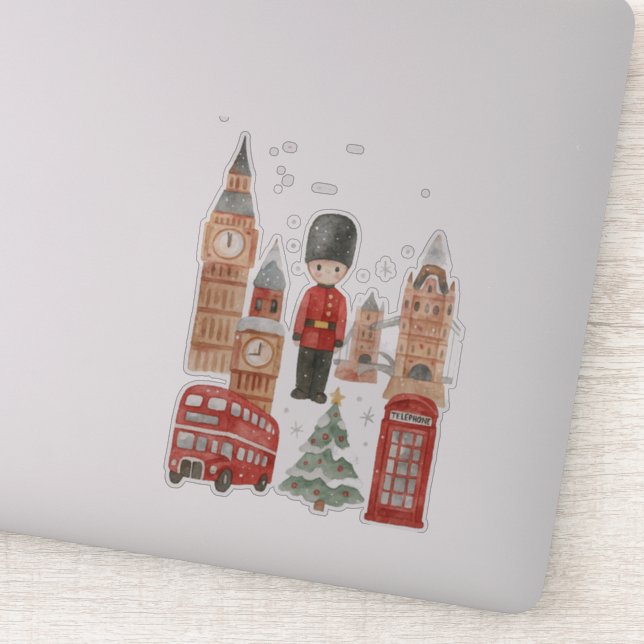 Sticker Watercolor Christmas in London Red Bus, Big Ben  (Détail)