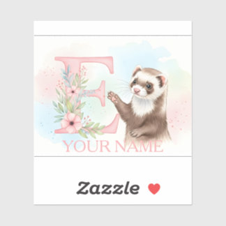 Sticker Watercolor Ferret with Floral Letter E Monogram