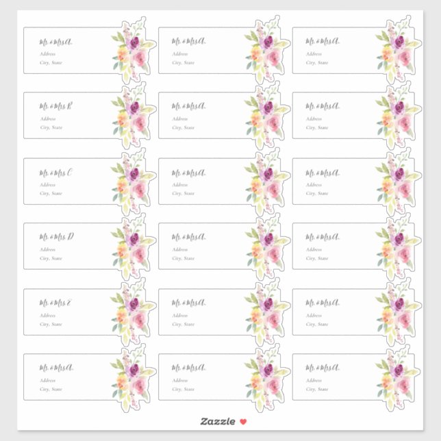Sticker Watercolor Summer Roses Adresse d'invité (Feuille)