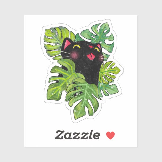 Sticker Watercolor Whimsical Black Cat And Monstera Leaves (Feuille)