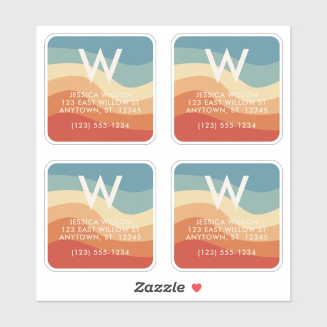 Sticker Wavy Retro Striped Monogram Contact personnel (Feuille)