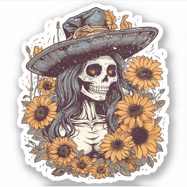 Sticker Western Cowgirl Skeleton Sunflower Tattoo Art (Devant)