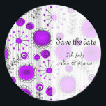Sticker Whimsical Flowers Purple "Save the Date"<br><div class="desc">Joli,  vintage design floral avec des fleurs et des coeurs colorés,  d'inspiration folklorique. Parfait faire-part de mariage avec le texte "enregistrer la date",  les noms et la date. Entièrement personnalisable.</div>