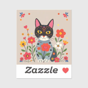 Sticker Whimsical Folk Art Chat noir et fleurs