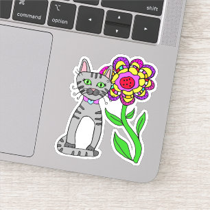 Sticker Whimsical Folk Art Gris Chat et Fleur colorée
