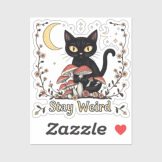 Sticker Whimsical noir cat framed by red mushrooms and pal