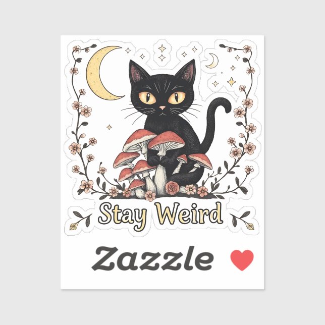 Sticker Whimsical noir cat framed by red mushrooms and pal (Feuille)