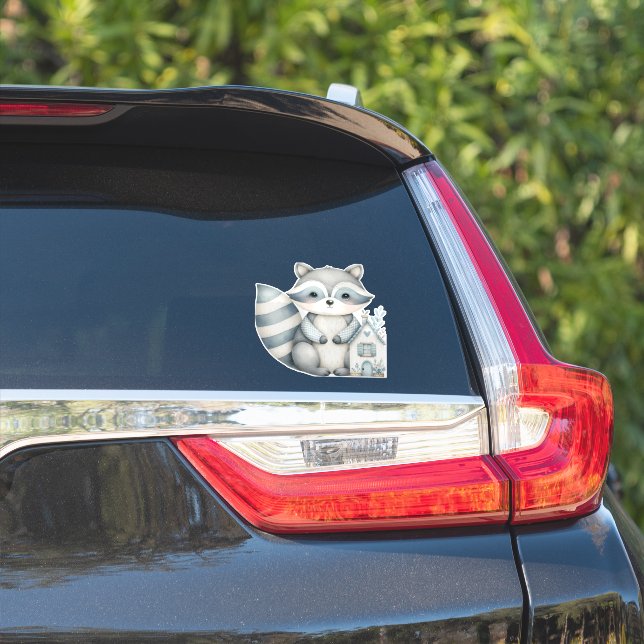 Sticker Whimsical Raccoon Night Woodland Cottage Scene (Côté voiture)
