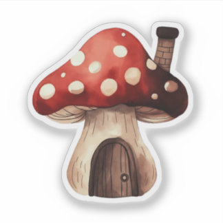 Sticker Whimsical Toadstool Mushroom House Illustration